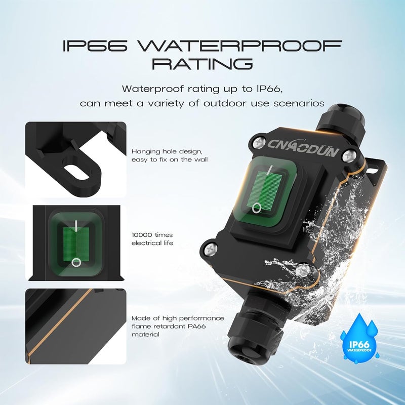 cnaodun Waterproof Inline Cord Switch, 12V DC 20A On Off Toggle Switch with Green Light Rocker Button DPST Double Outlet Outdoor IP66 - Image 4